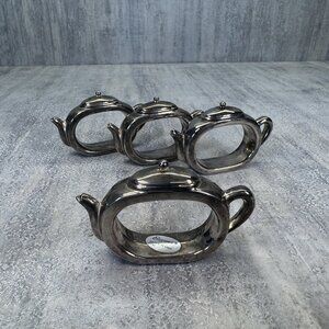 4 Elegance Silver Plated Napkin Rings Holders Teapots Tea Kettles  VTG MCM